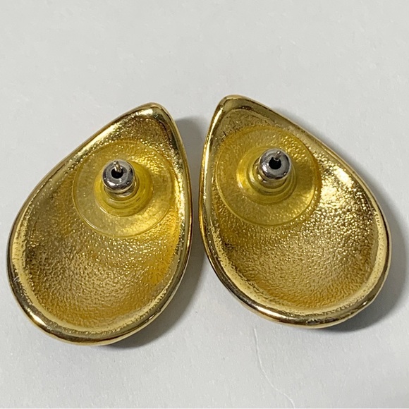 Vintage gold and navy blue enamel swirled egg teardrop stud earrings - Picture 7 of 8